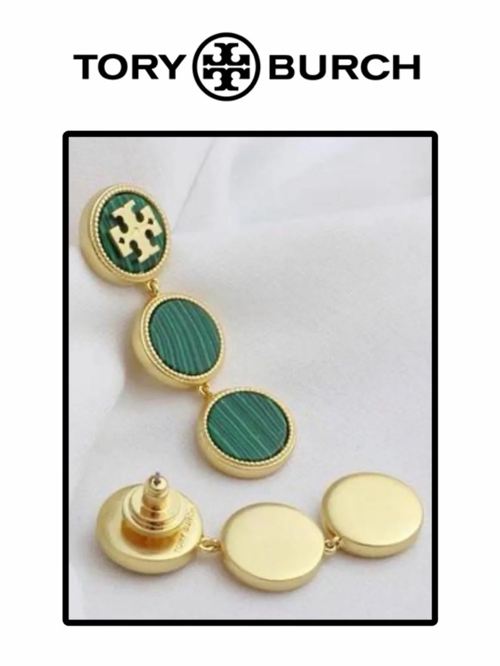 Tory Burch Gold and Green Triple Disc Drop Earrings